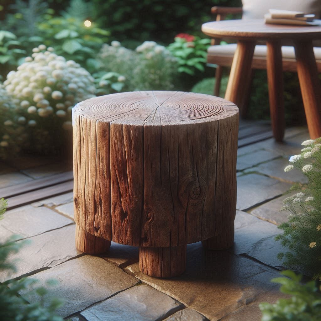 Small table with a natural wood texture, designed in a tree stump or compact end table style, placed on a garden patio with greenery and soft natural lighting.