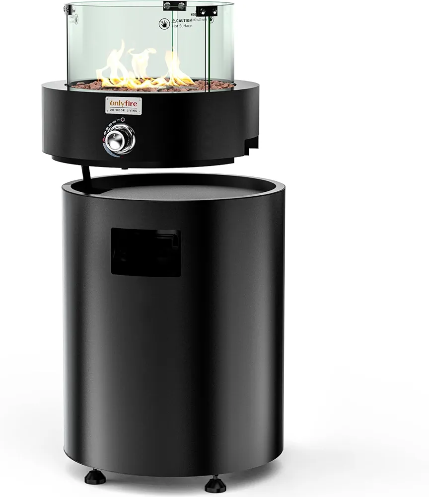 Modern round propane fire pit by ONLYFIRE OUTDOOR LIVING, made of alloy steel with cast iron finish, featuring a detachable burner, built-in wheels, glass wind guard, lava rocks, and hidden propane tank storage.