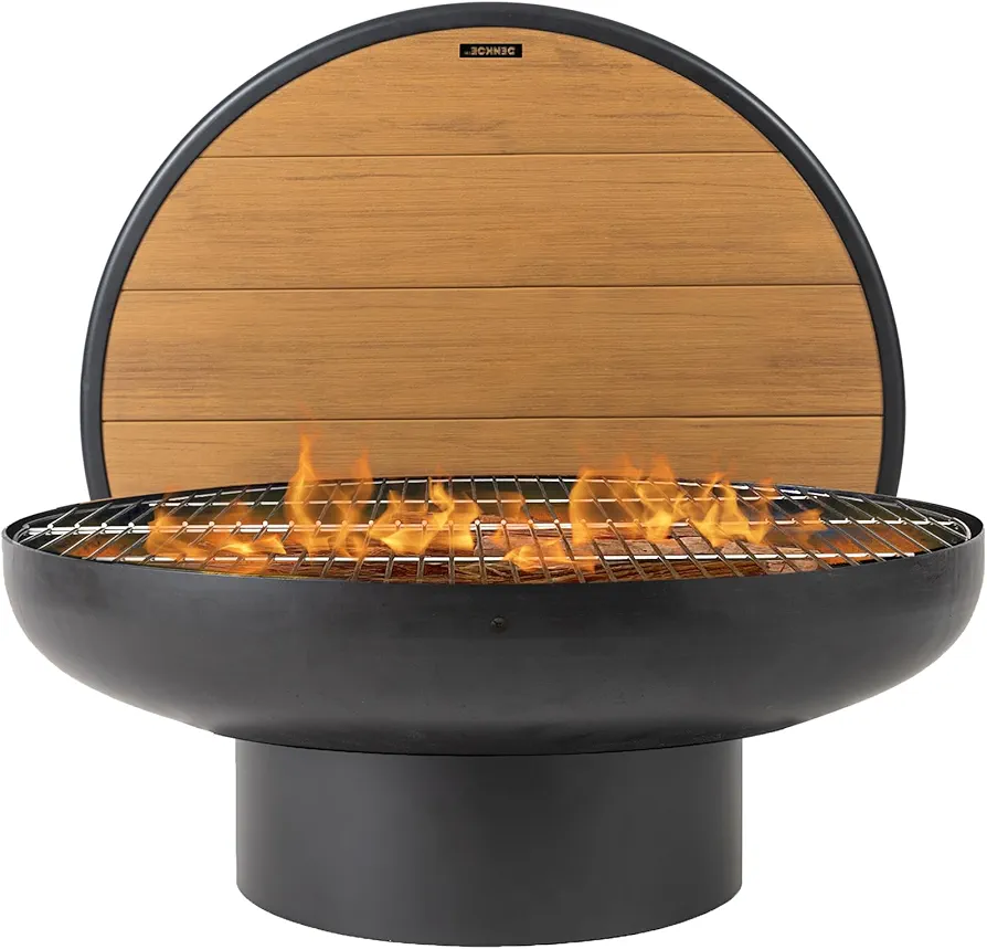 "Modern round outdoor fire pit table by DENKOE, made of heavy-duty cast iron with a matte black finish, featuring a 32.5-inch wide and 12-inch deep extra-thick fire bowl for longer heat retention, includes a non-stick grill grate and waterproof aluminum-poly lumber lid — ideal for wood burning, grilling, and outdoor gatherings."
