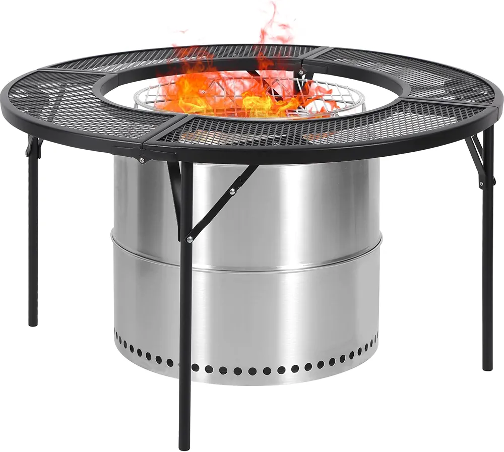 "Modern round fire pit table by REDCAMP, made of painted iron with a black finish, featuring a 36-inch mesh tabletop for enhanced heat retention, child and pet-safe protective barrier, and sturdy legs with support latches — compatible with fire pits under 21.5 inches, ideal for camping and outdoor gatherings."