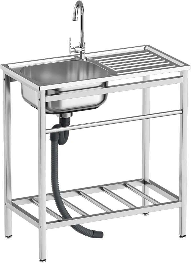 DuyviSteil premium 304 stainless steel freestanding work table with single sink, polished finish, 30x16x30 inches, with 360° rotating faucet and under-sink storage shelf.