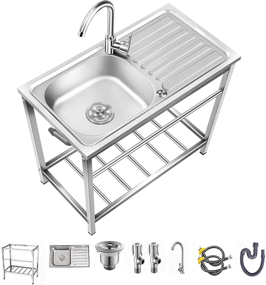 TOLBCLOH stainless steel freestanding utility sink with adjustable legs, single-layer polished finish, 360° rotating hot and cold faucets, and multi-layer sealed drainage system, 29.5x15.7x29.5 inches.