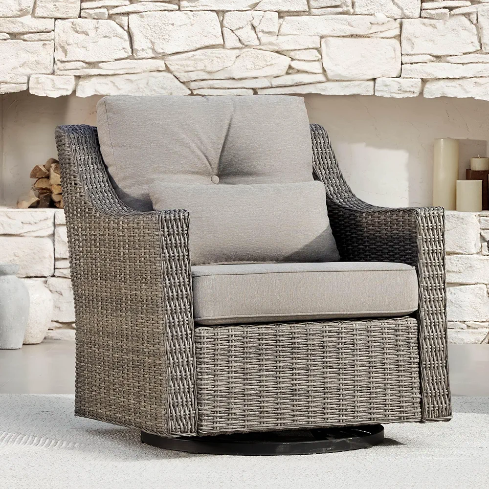 Brownish grey outdoor swivel rocker chair with thick plush cushions and handwoven grey wicker around a sturdy steel frame, featuring smooth 360-degree swivel and rocking motion, perfect for modern farmhouse outdoor seating.