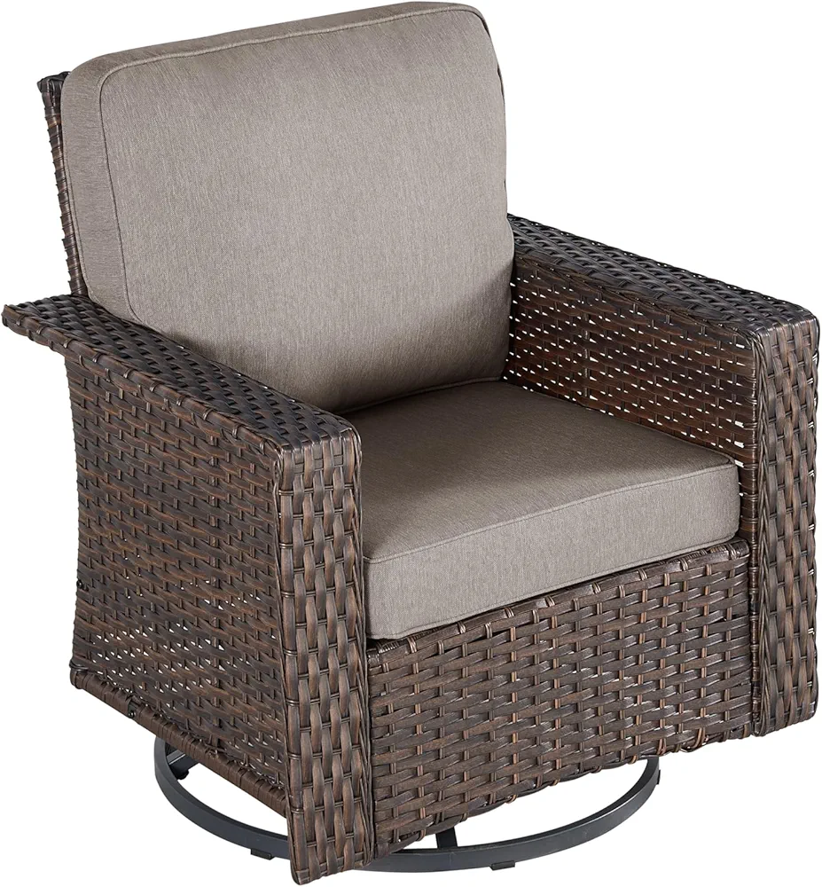 Grey modern outdoor swivel rocker chair made of handwoven rattan and wicker with a powder-coated steel frame, featuring a high back, deep wide seat with premium cushions, designed for smooth rocking and all-day comfort on patios or balconies.