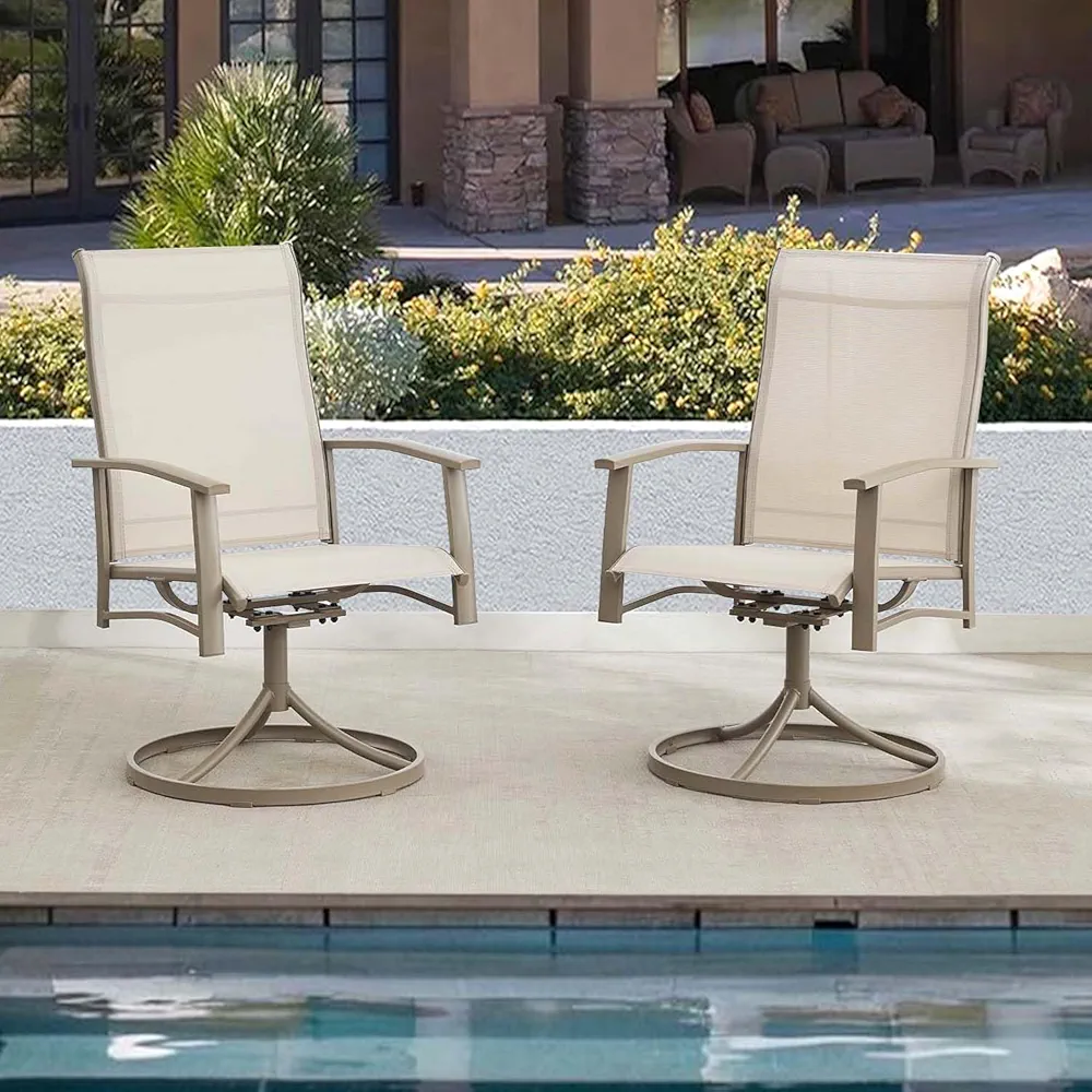 "Set of 2 Puntogen ivory beige modern outdoor swivel dining chairs with high back, curved arms, breathable quick-drying textilene fabric, and sturdy powder-coated steel frame."