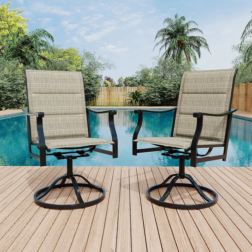Set of 2 LuyFuitre padded gold outdoor swivel dining chairs with ergonomic high back design, stainless steel frame, and breathable thickened textilene fabric.
