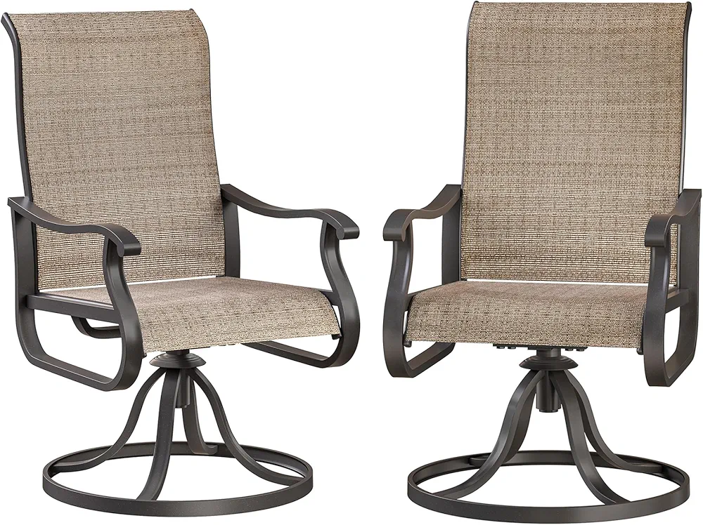 "Set of 2 VONZOY brown outdoor swivel rocking chairs with high back, breathable quick-drying padded textilene fabric, and heavy-duty rust-resistant metal frame."