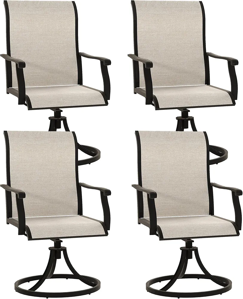 "Set of 4 Murago beige outdoor swivel rocking chairs with high back, breathable all-weather textilene fabric, ergonomic armrests, and heavy-duty alloy steel frame."
