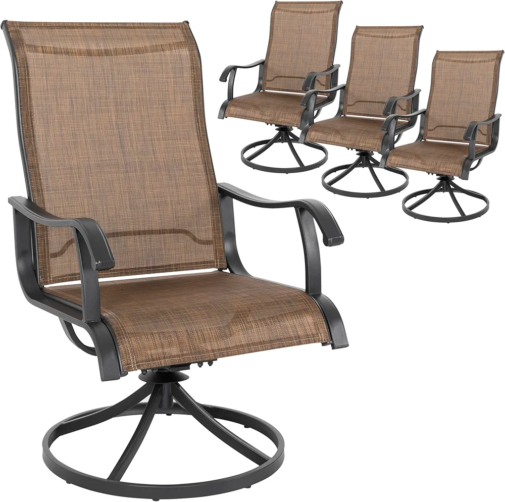 "Set of 4 NUU GARDEN upgraded brown outdoor swivel dining chairs with breathable UV-resistant textilene fabric, ergonomic high back, smooth armrests, and sturdy rust-resistant metal frame."