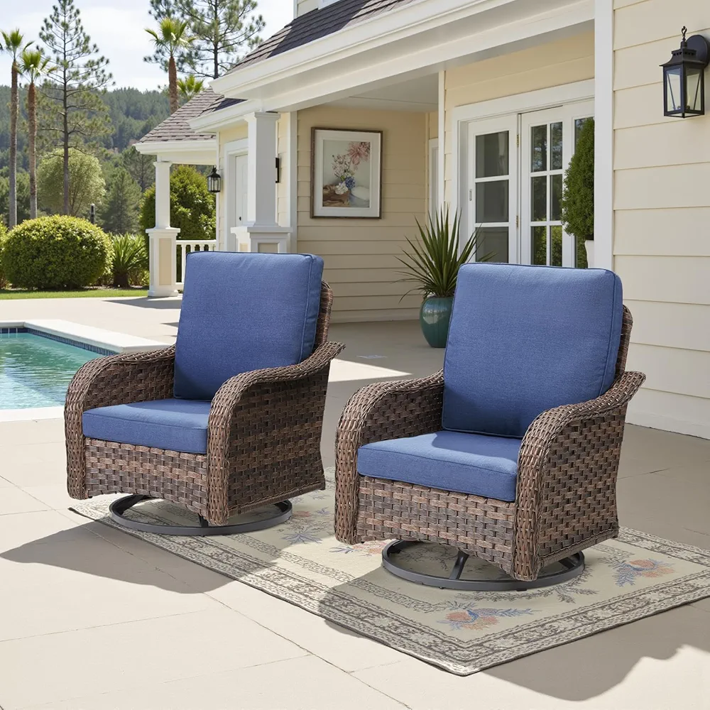 Two blue modern outdoor swivel rocker chairs made of rattan and wicker, featuring wide padded seats, high backrests, and ergonomic armrests, designed for comfortable 360° swivel and gentle rocking on patios or decks.