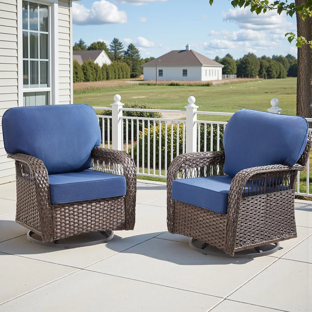 Two blue outdoor swivel rocker chairs made of hand-woven rattan and wicker, featuring thick removable cushions and high backs, perfect for patio or garden seating with 360° swivel and smooth gliding motion.