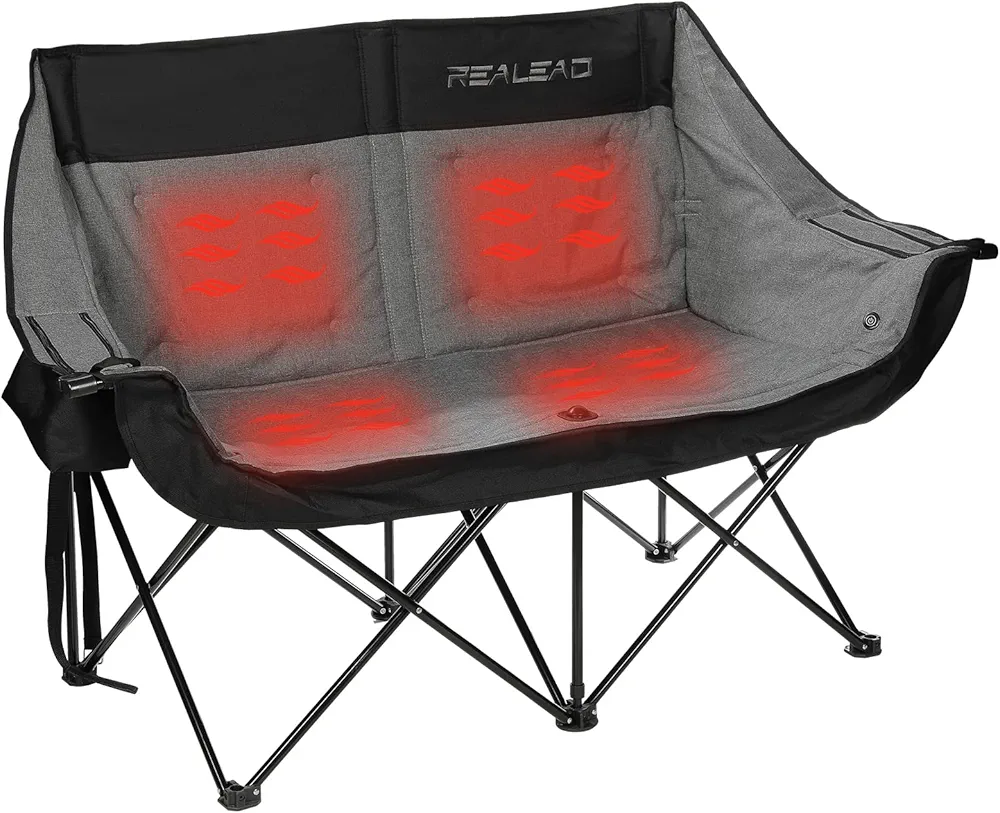Image of REALEAD Heated Double Camping Chair in Heated Grey color, featuring a foldable alloy steel frame, mesh back, durable oxford fabric seat, dual heating zones with USB power, insulated cooler bags, and wine glass holders.