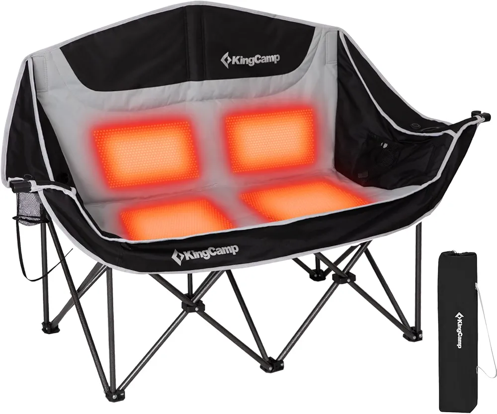 Image of KingCamp Heated XL Double Camping Chair in black and grey, featuring an open back design, polyester blend fabric, and large dimensions for comfortable outdoor seating.