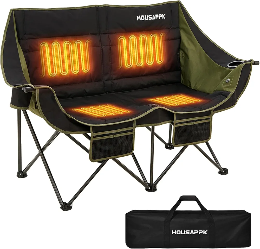 Image of housappk Heated Double Camping Chair in black and green, featuring a foldable carbide steel frame, solid back, nylon and polyester fabric, four heating zones with independent controls, cup holders, insulated cooler bags, and ample storage pockets.