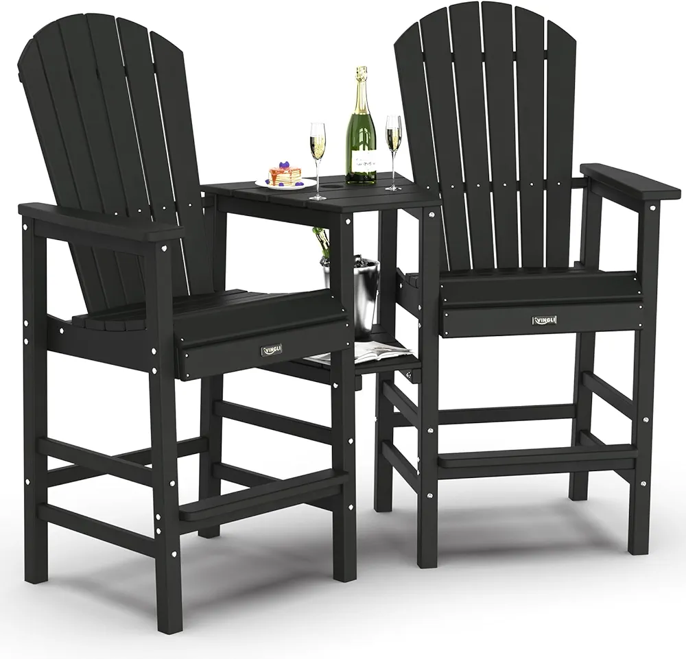 VINGLI Black Double Adirondack Chair with 2-Tier Tray and Umbrella Hole, Set of 2 Classic Ergonomic Outdoor Chairs, HDPE Weather-Resistant Material, 52.5x25x51 inches