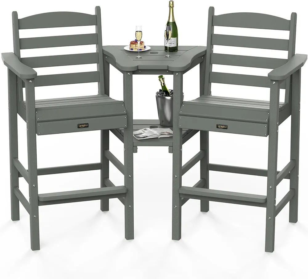 VINGLI Grey Modern Double Adirondack Chair with table and Umbrella Hole, Set of 2 Ergonomic Outdoor Chairs, HDPE Weather-Resistant Material, 52.9x23.2x45.6 inches