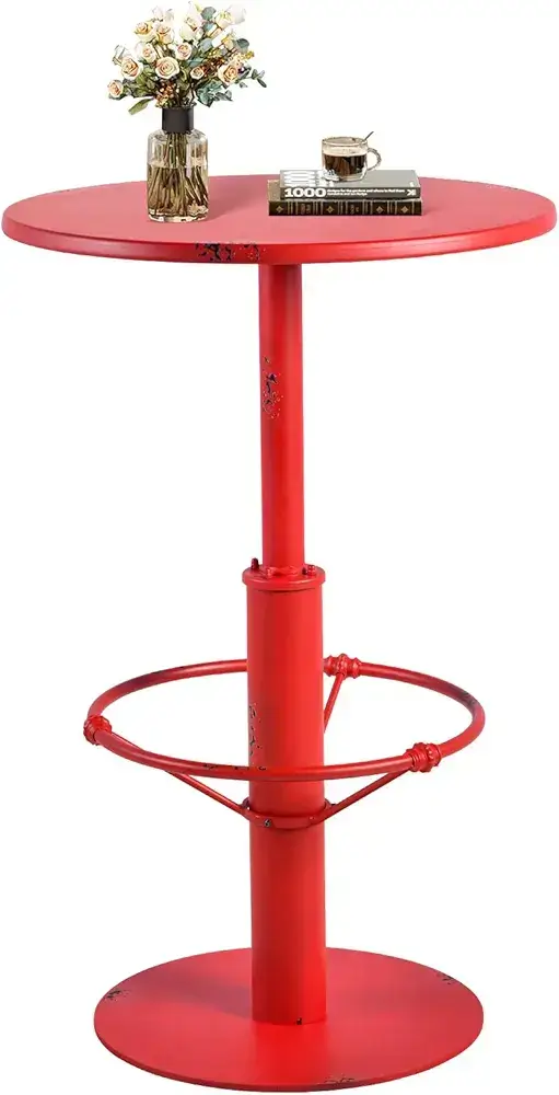 Diwhy outdoor furniture bar height table in antique red metal, round industrial design with sturdy cast iron base, perfect for indoor or outdoor use.