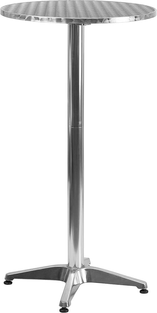 Flash Furniture outdoor furniture bar height table in aluminum, round design with flip-up tabletop, perfect for outdoor patios and small gatherings.