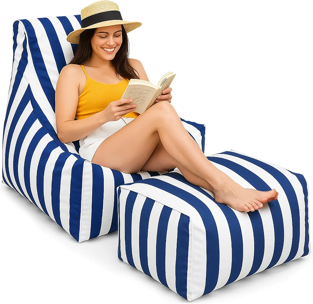 waterproof bean bag chair with matching ottoman, marine fabric, blue and white stripes, sponge filling