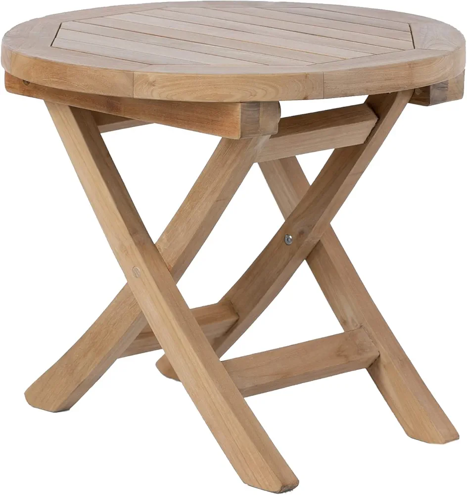 teak outdoor coffee table with round tabletop design, Grade A teak wood, rich wood grain patterns, foldable construction