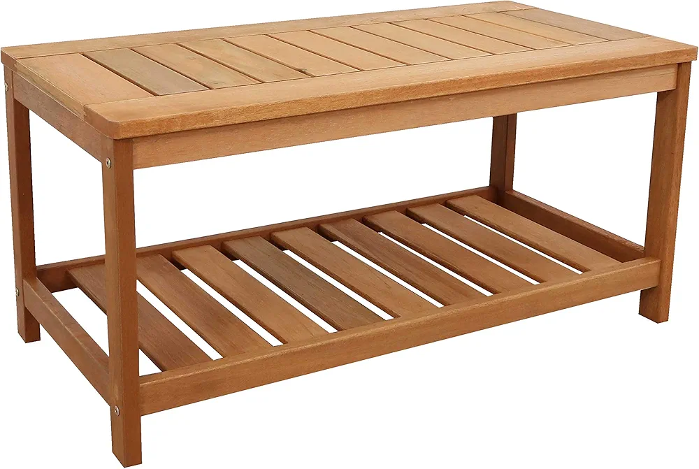 teak outdoor coffee table with Meranti wood construction, teak oil finish, rectangular surface for entertaining, modern design